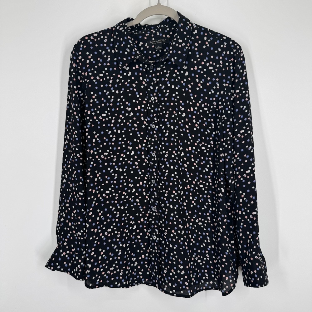 Banana Republic Large Dillon Classic Black White Blue Polka Dot Button Down